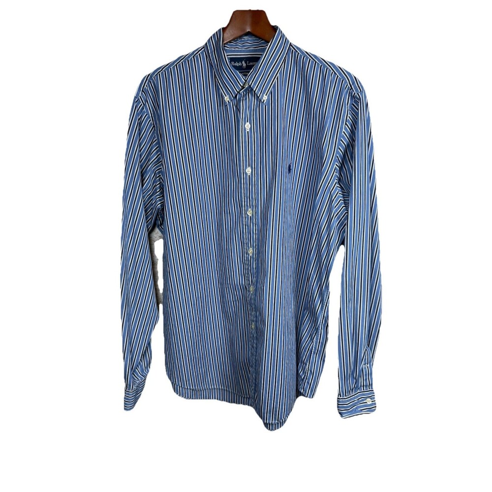 Ralph Lauren Button Down Long Sleeve Shirt Blue Stripe Custom Fit Men's XL